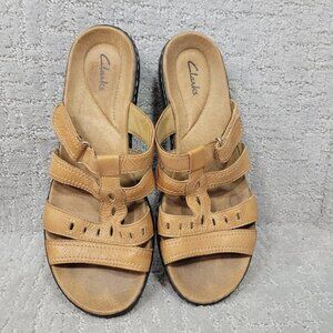 CLARKS Women's Size 10M Brown Leather Laser Cut Slip On Buckle Slide Sandal Shoe